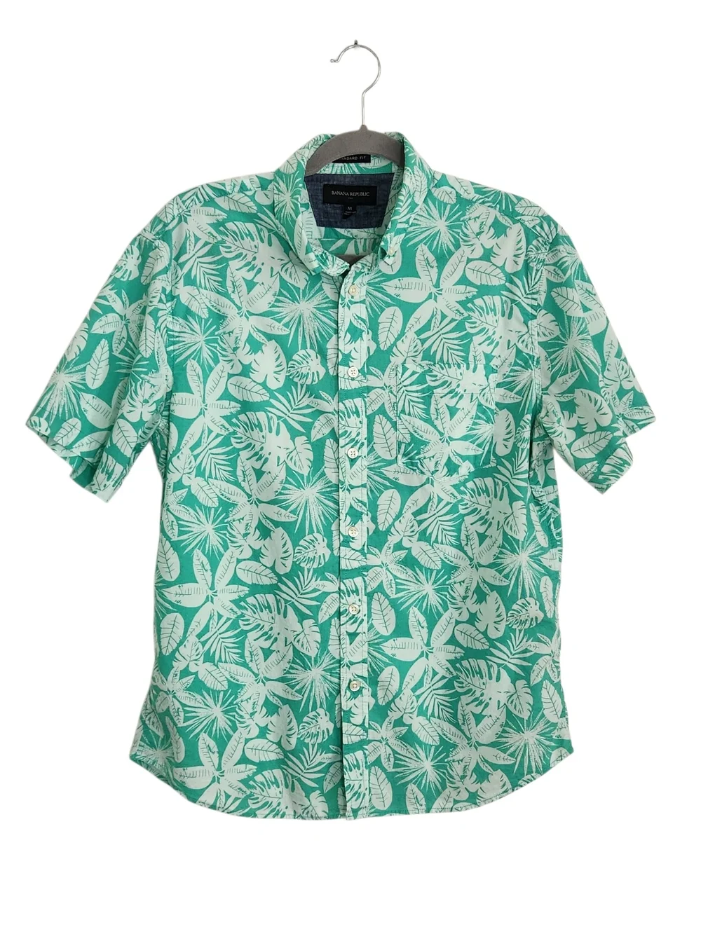 Banana Republic Green and White Hawaiian Shirt Size Medium Flaw